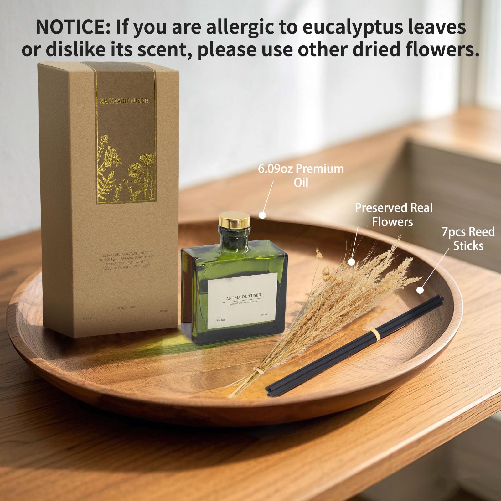 Reed Diffuser, 4 oz Earthy Sandalwood Scent Diffuser with 7 Sticks, Long Lasting Reed diffusers for Home, Elegant Fragrance for Bathroom Bedroom Office Decor, Air Fresh