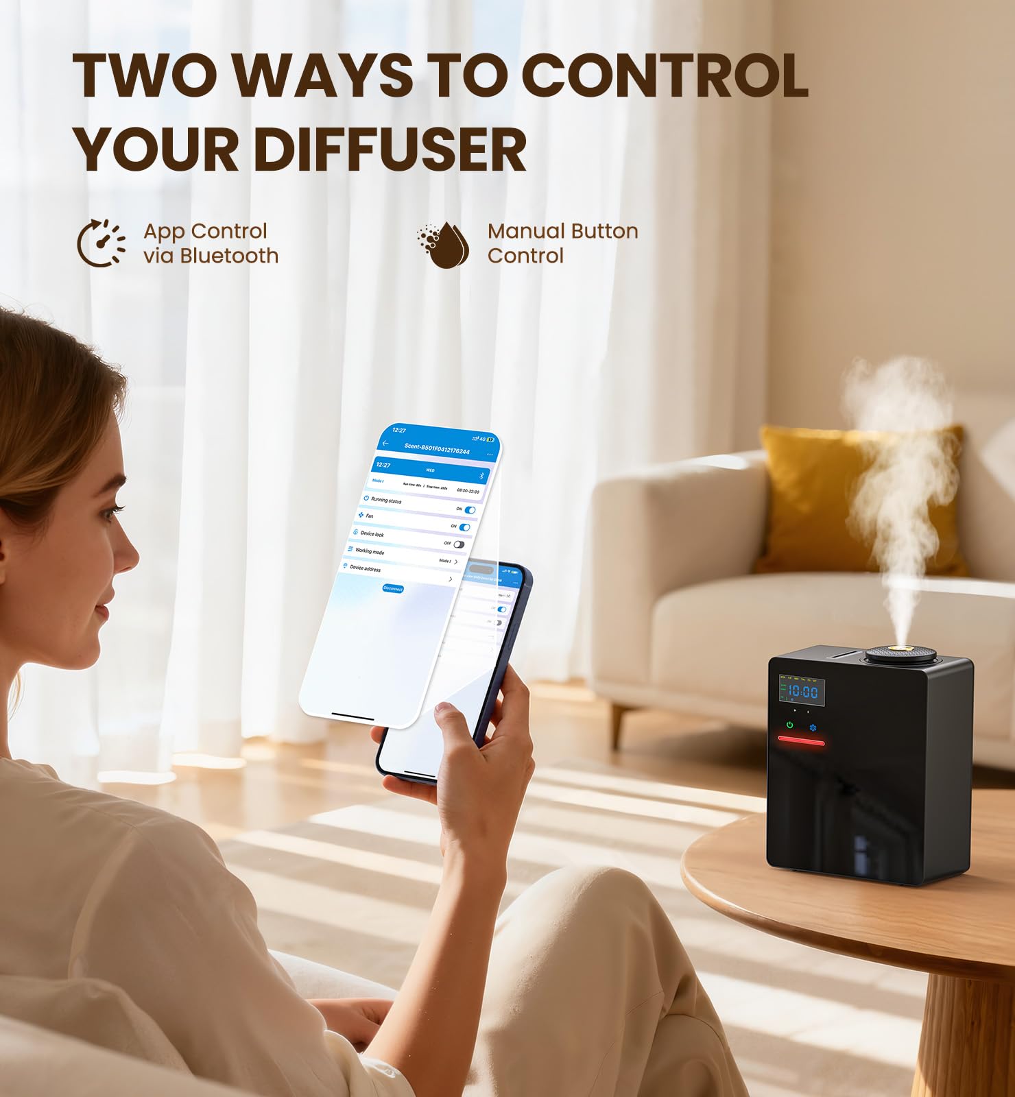 Waterless Essential Oil Diffuser 5000 Sq.Ft Coverage for Large Home, Hotel, or Office, 200ml Cold Air Scent Diffuser Machine with Bluetooth App Control, Quiet No-Heat HVAC Fragrance Diffuser