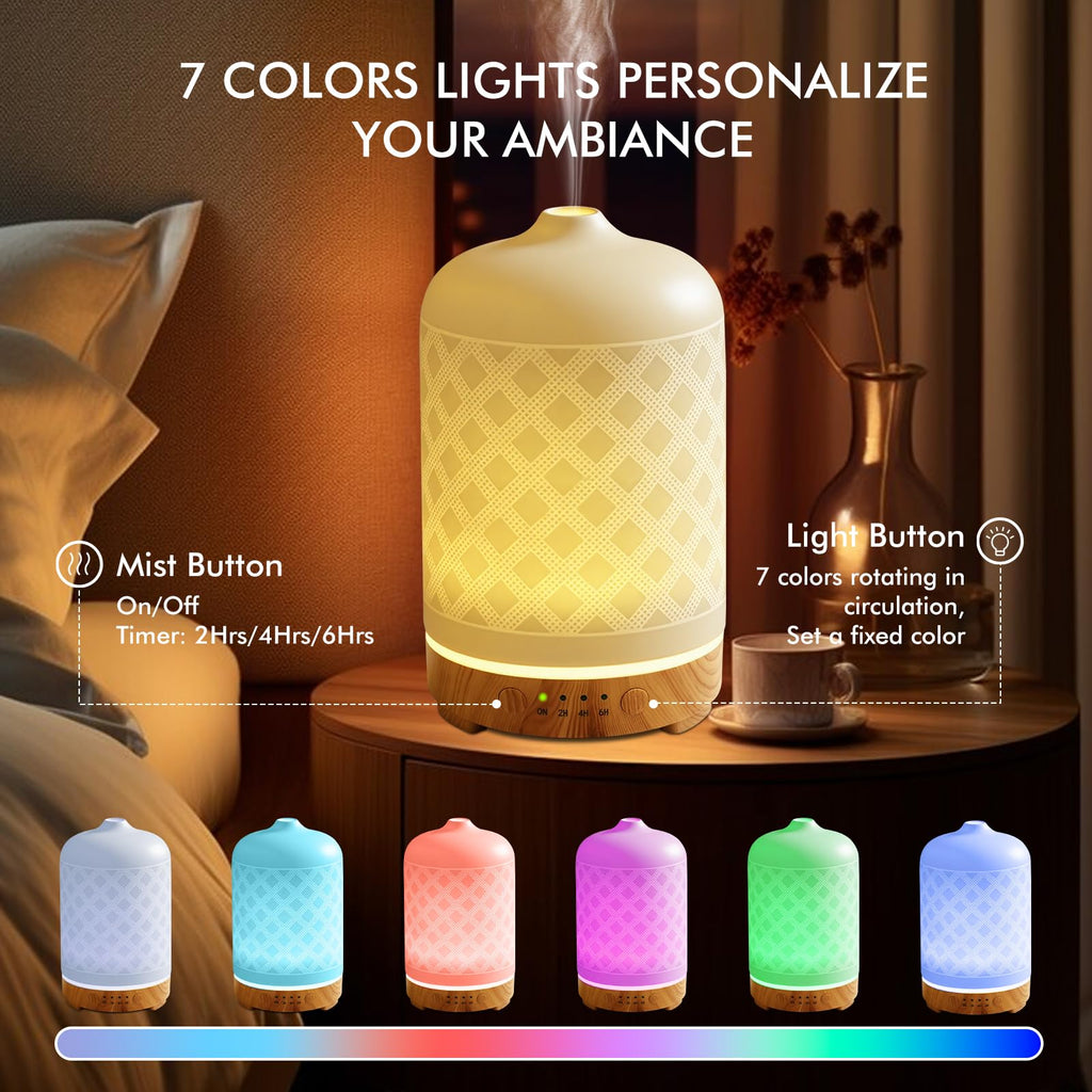 Essential Oil Diffuser 200ml-Ultrasonic Aroma Diffuser with 4 Timers, Aromatherapy Diffuser 7 Color LED Lights with Auto Shut-Off Protection for Home Office Yoga Valentine Gift (Ceramic White)