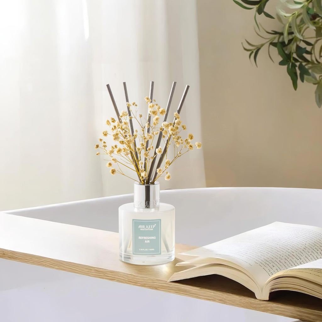 Airkeep Reed Diffuser Set,3.38 fl oz (100 ml) - Clean Linen Oil Diffusers with 8 Reed Sticks,Home Fragrance Reed Diffuser for Bathroom Shelf Decor