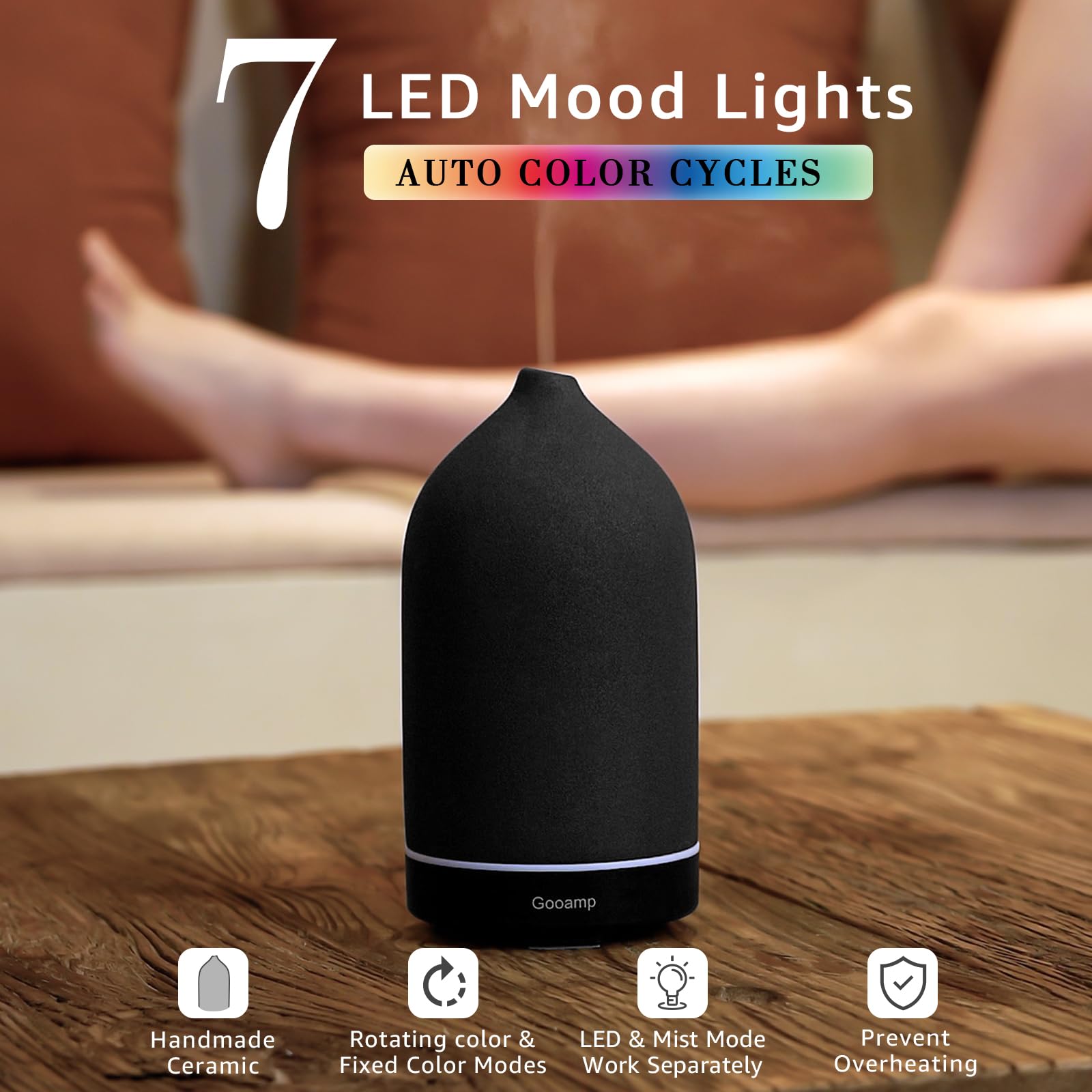 200ML Ceramic Essential Oil Diffuser - Ultrasonic Aromatherapy & Humidifier with 7-Color LED Lights, Auto Shut-Off, Wood Grain Base, 1H/3H/6H Timer | Scent for Home, Office, Yoga