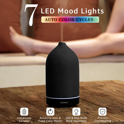 200ML Ceramic Essential Oil Diffuser - Ultrasonic Aromatherapy & Humidifier with 7-Color LED Lights, Auto Shut-Off, Wood Grain Base, 1H/3H/6H Timer | Scent for Home, Office, Yoga
