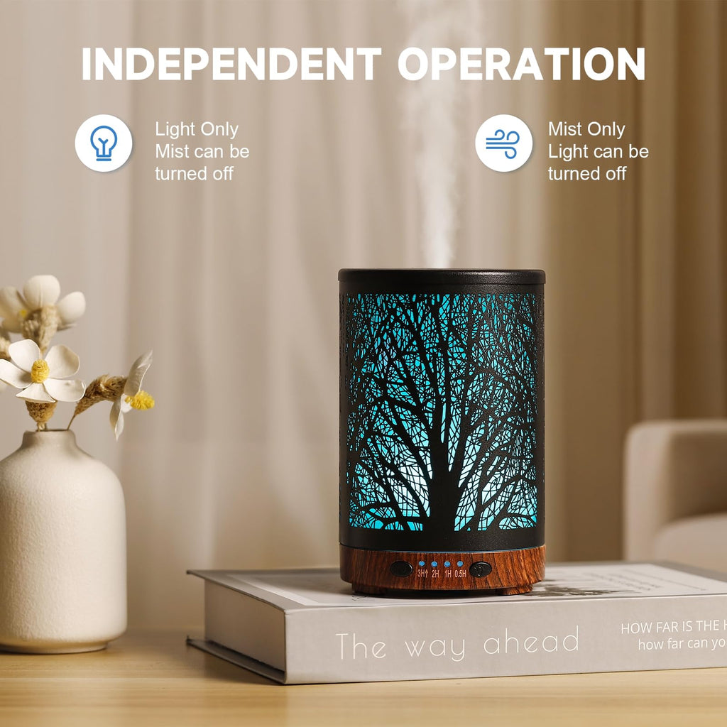 Essential Oil Diffuser 120ML Metal Aromatherapy Diffuser with Timer, Cool Mist Humidifier with Auto Shut-Off & 7 Color Lights for Home Office Spa (Tree)