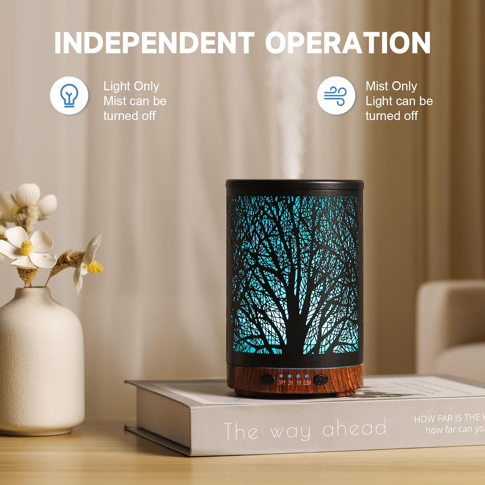 Essential Oil Diffuser 120ML Metal Aromatherapy Diffuser with Timer, Cool Mist Humidifier with Auto Shut-Off & 7 Color Lights for Home Office Spa (Tree)