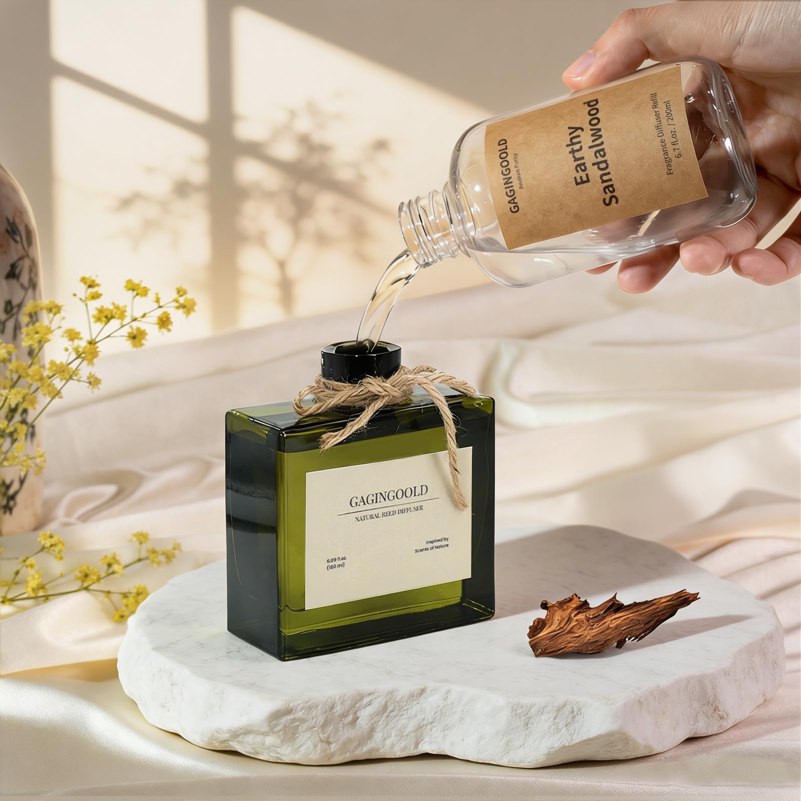 Reed Diffuser, 4 oz Earthy Sandalwood Scent Diffuser with 7 Sticks, Long Lasting Reed diffusers for Home, Elegant Fragrance for Bathroom Bedroom Office Decor, Air Fresh