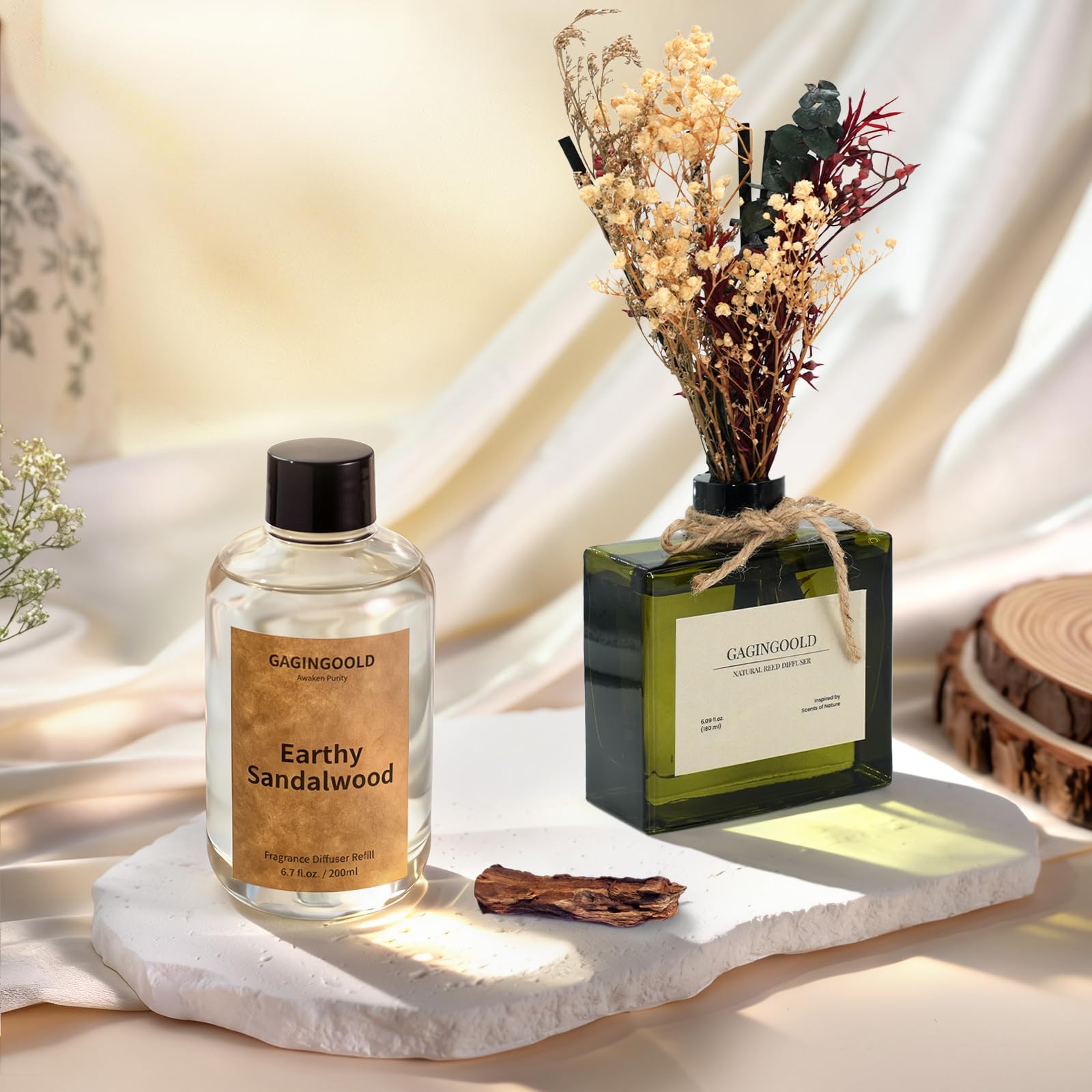 Reed Diffuser, 4 oz Earthy Sandalwood Scent Diffuser with 7 Sticks, Long Lasting Reed diffusers for Home, Elegant Fragrance for Bathroom Bedroom Office Decor, Air Fresh