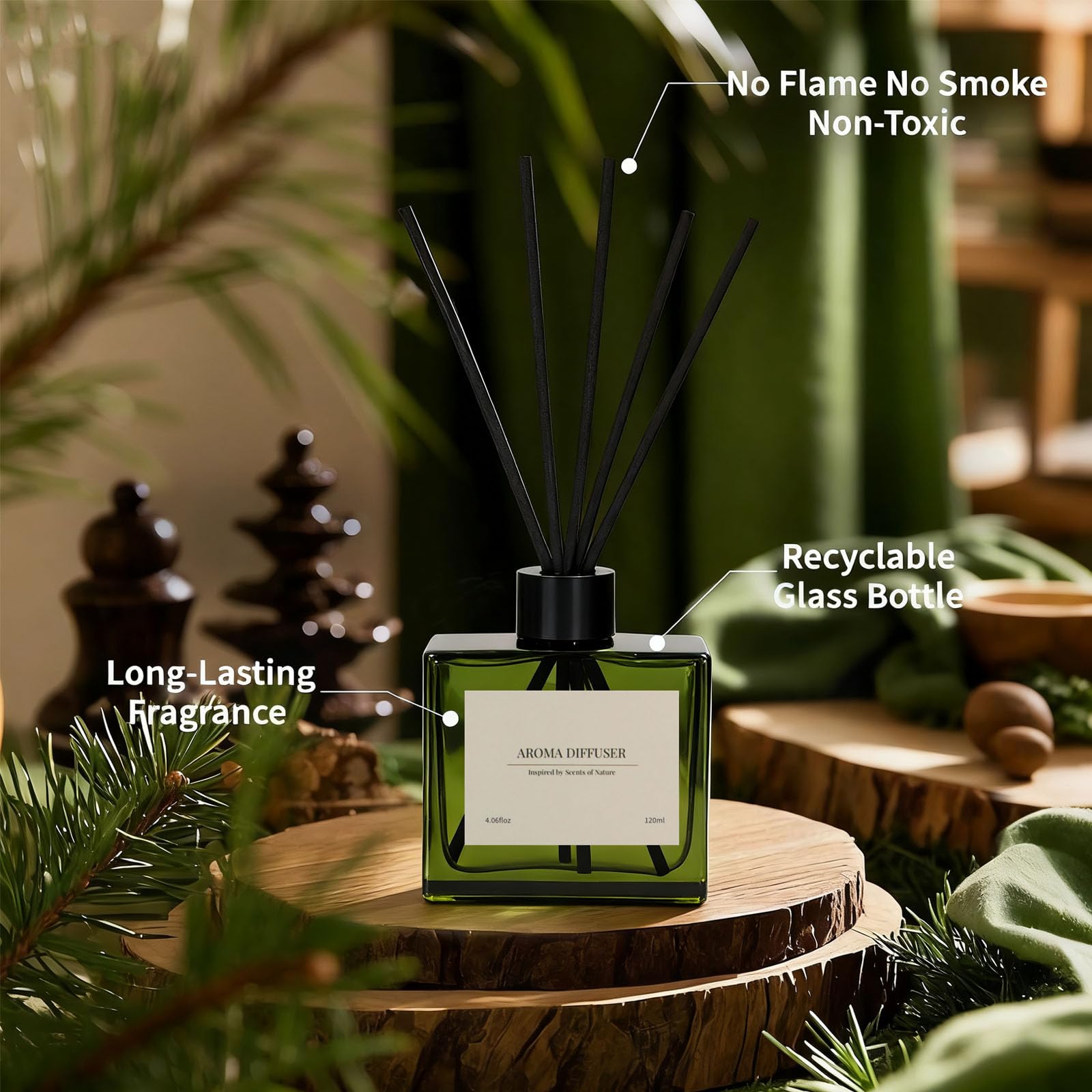 Reed Diffuser, 4 oz Earthy Sandalwood Scent Diffuser with 7 Sticks, Long Lasting Reed diffusers for Home, Elegant Fragrance for Bathroom Bedroom Office Decor, Air Fresh