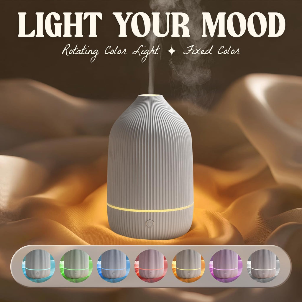 Essential Oil Diffuser, 100ml Aromatherapy Diffuser, Mini Ultrasonic Diffuser for Essential Oil, Home, Office, Cool Mist Humidifier with 7 Led Light, Auto Shut-Off, White