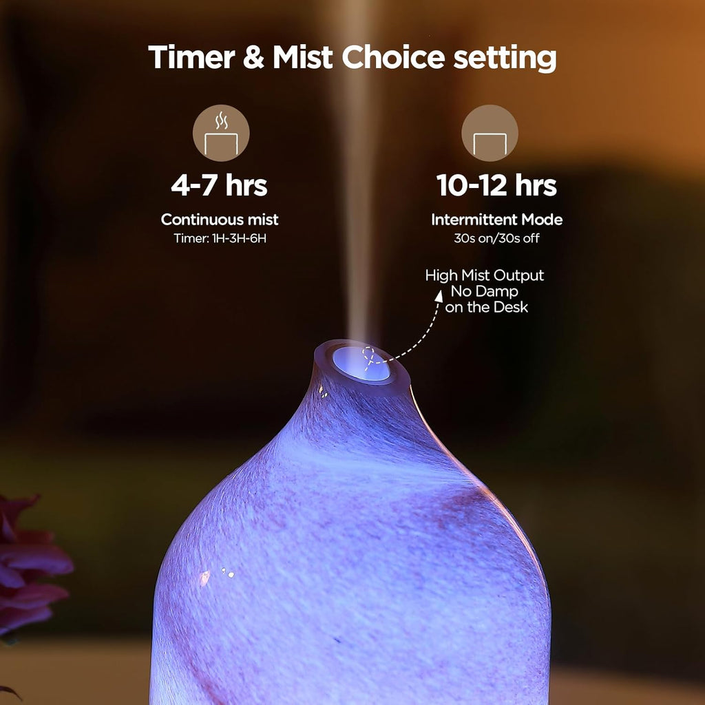 Essential Oil Diffuser Hand Blown Glass Aromatherapy Diffuser - Ultrasonic Cool Mist Scent Aroma Diffuser, Whisper Quiet with Auto Shut-Off, Timer Setting &7 Colors Night Light for Home