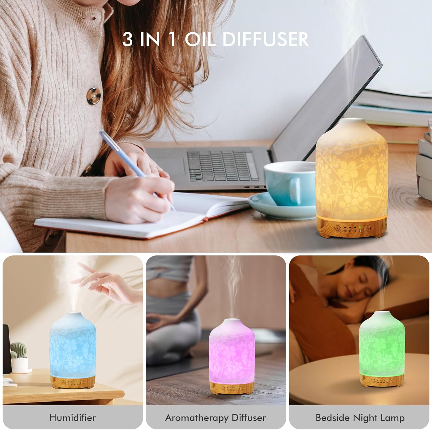Aromatherapy Essential Oil Diffuser 150ml Ceramic Ultrasonic Aroma Oil Diffuser Humidifier Whisper Quiet Timer Setting 7 LED Colors Changing Lights for Home Office (Cherry Blossom)