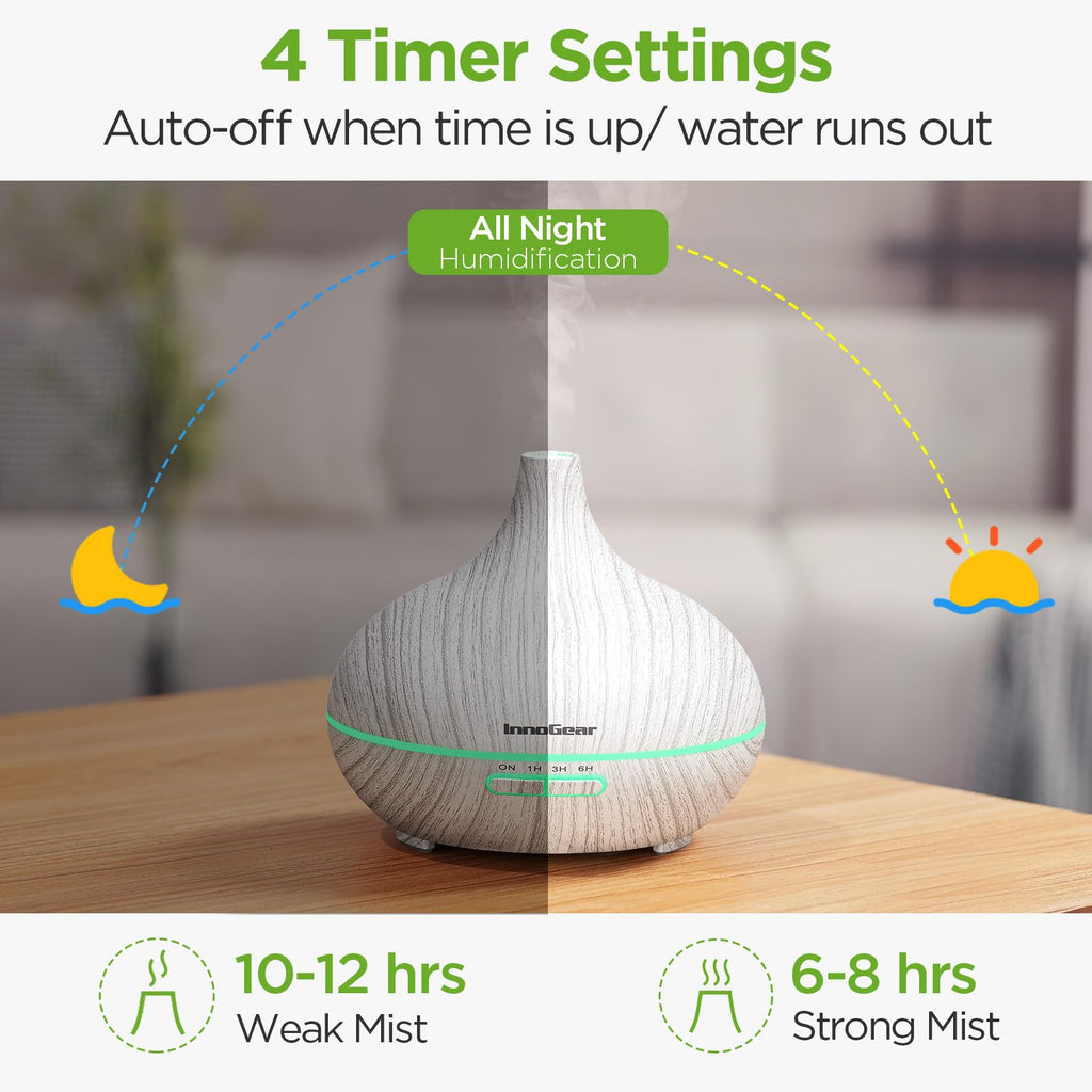 InnoGear Aromatherapy Diffuser & 10 Essential Oils Set, 400ml Diffuser Ultrasonic Diffuser Cool Mist Humidifier with 4 Timers 7 Colors Light Waterless Auto Off for Large Room Office, Dark Wood Grain