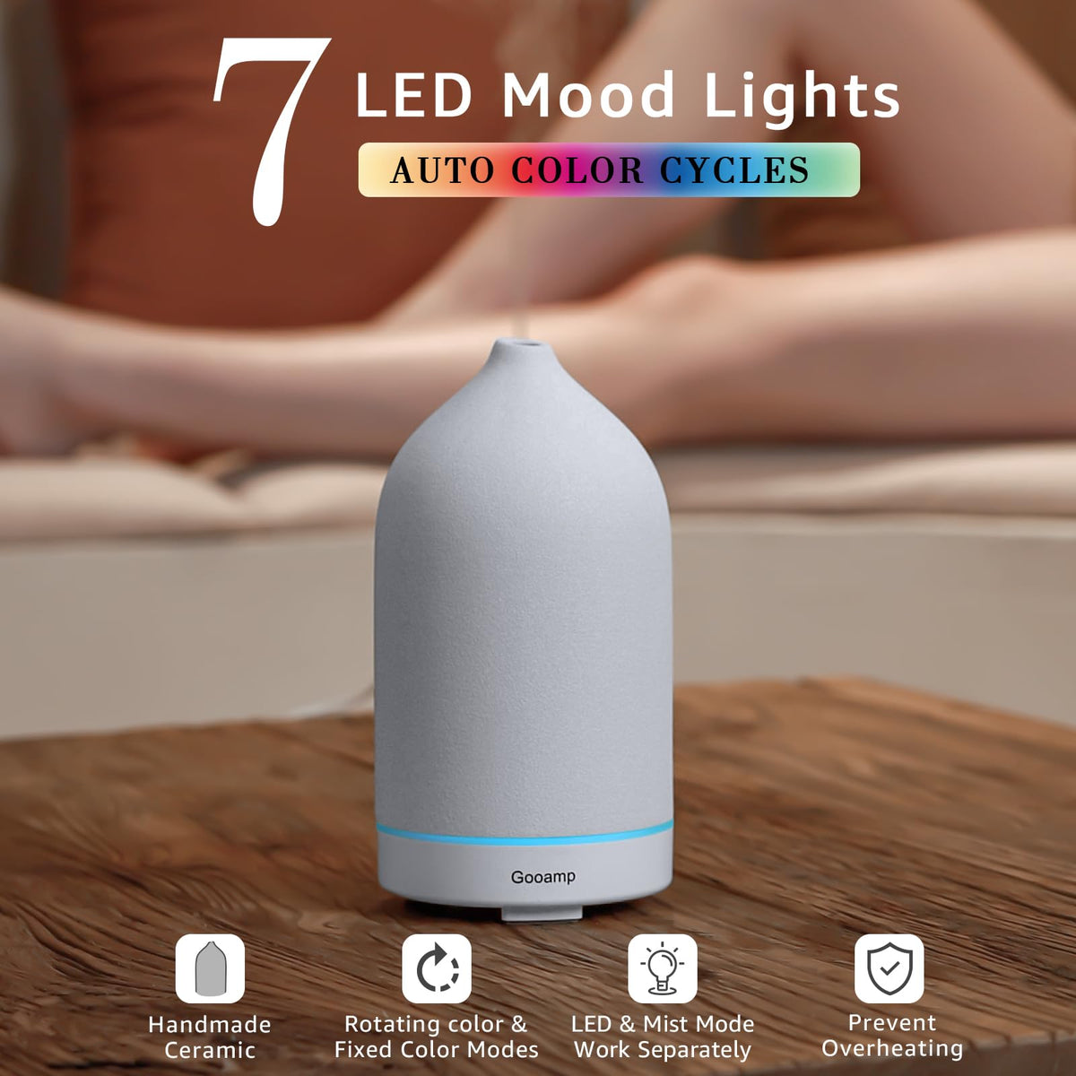 200ML Ceramic Essential Oil Diffuser - Ultrasonic Aromatherapy & Humidifier with 7-Color LED Lights, Auto Shut-Off, Wood Grain Base, 1H/3H/6H Timer | Scent for Home, Office, Yoga