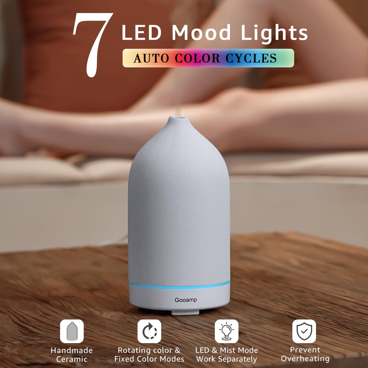 200ML Ceramic Essential Oil Diffuser - Ultrasonic Aromatherapy & Humidifier with 7-Color LED Lights, Auto Shut-Off, Wood Grain Base, 1H/3H/6H Timer | Scent for Home, Office, Yoga