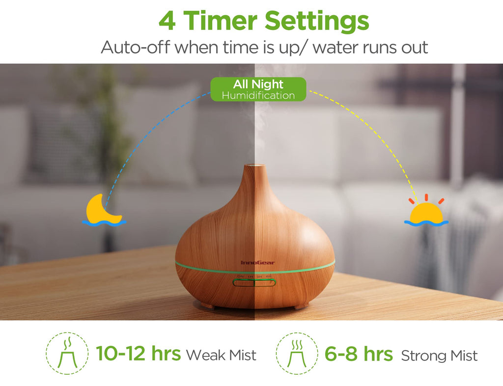 InnoGear Aromatherapy Diffuser & 10 Essential Oils Set, 400ml Diffuser Ultrasonic Diffuser Cool Mist Humidifier with 4 Timers 7 Colors Light Waterless Auto Off for Large Room Office, Dark Wood Grain