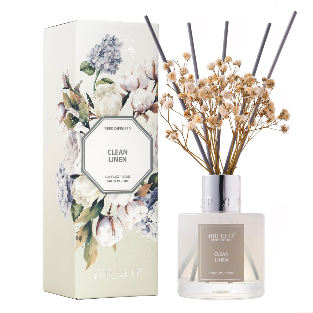 Airkeep Reed Diffuser Set,3.38 fl oz (100 ml) - Clean Linen Oil Diffusers with 8 Reed Sticks,Home Fragrance Reed Diffuser for Bathroom Shelf Decor