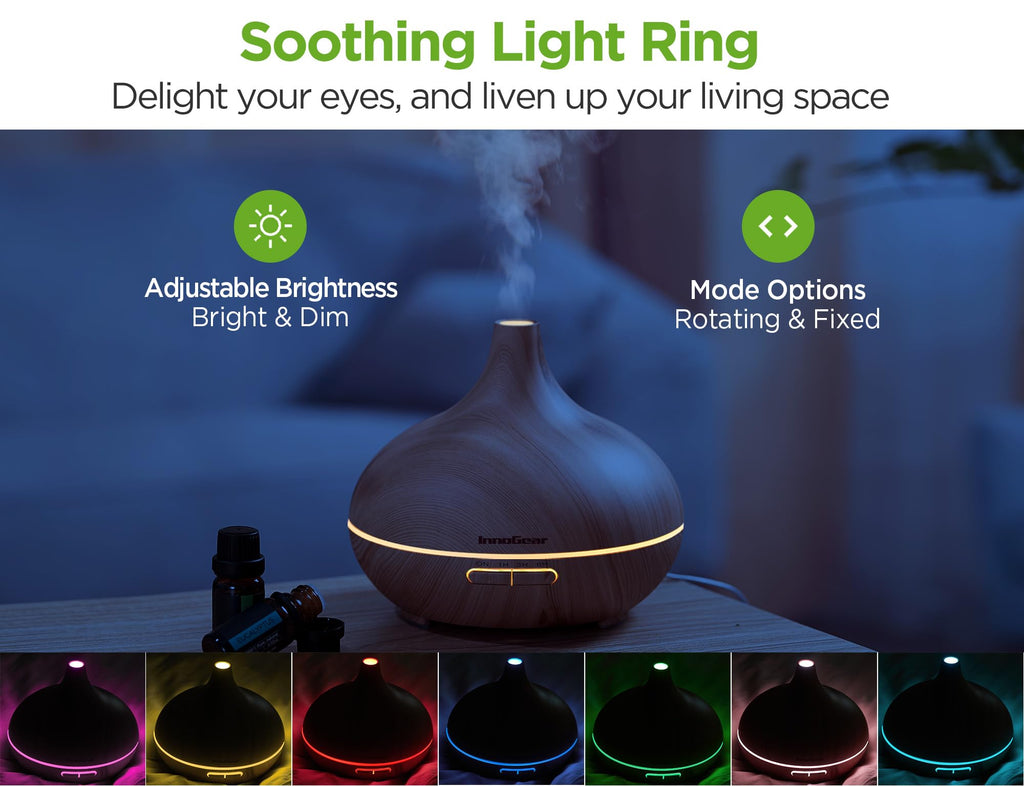 InnoGear Aromatherapy Diffuser & 10 Essential Oils Set, 400ml Diffuser Ultrasonic Diffuser Cool Mist Humidifier with 4 Timers 7 Colors Light Waterless Auto Off for Large Room Office, Dark Wood Grain