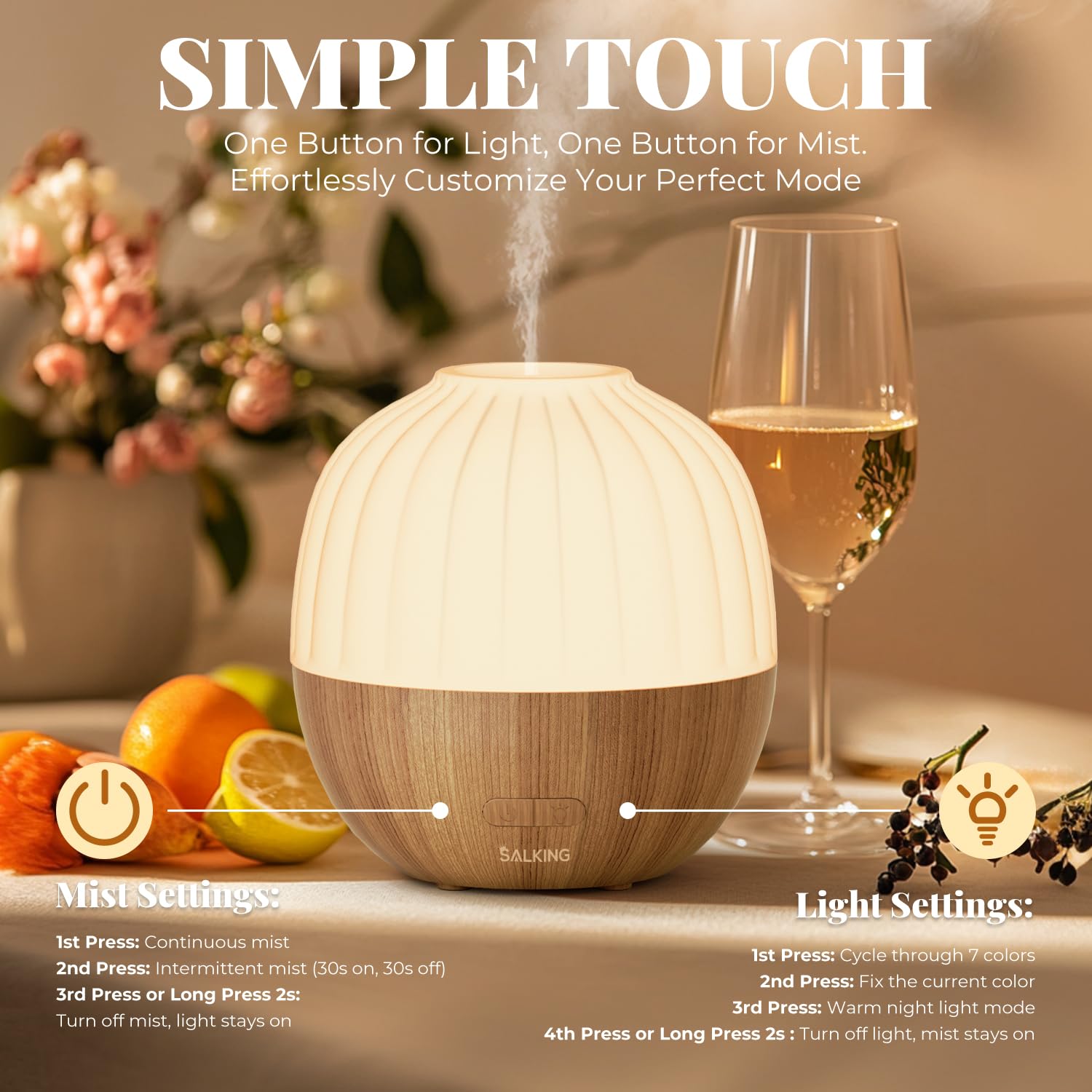 SALKING Essential Oil Diffuser, 100ml Small Aromatherapy Diffuser with Auto Shut-Off Function, Ultrasonic Diffusers for Essential Oils, Cool Mist Humidifier with Warm White Lights, for Office Home
