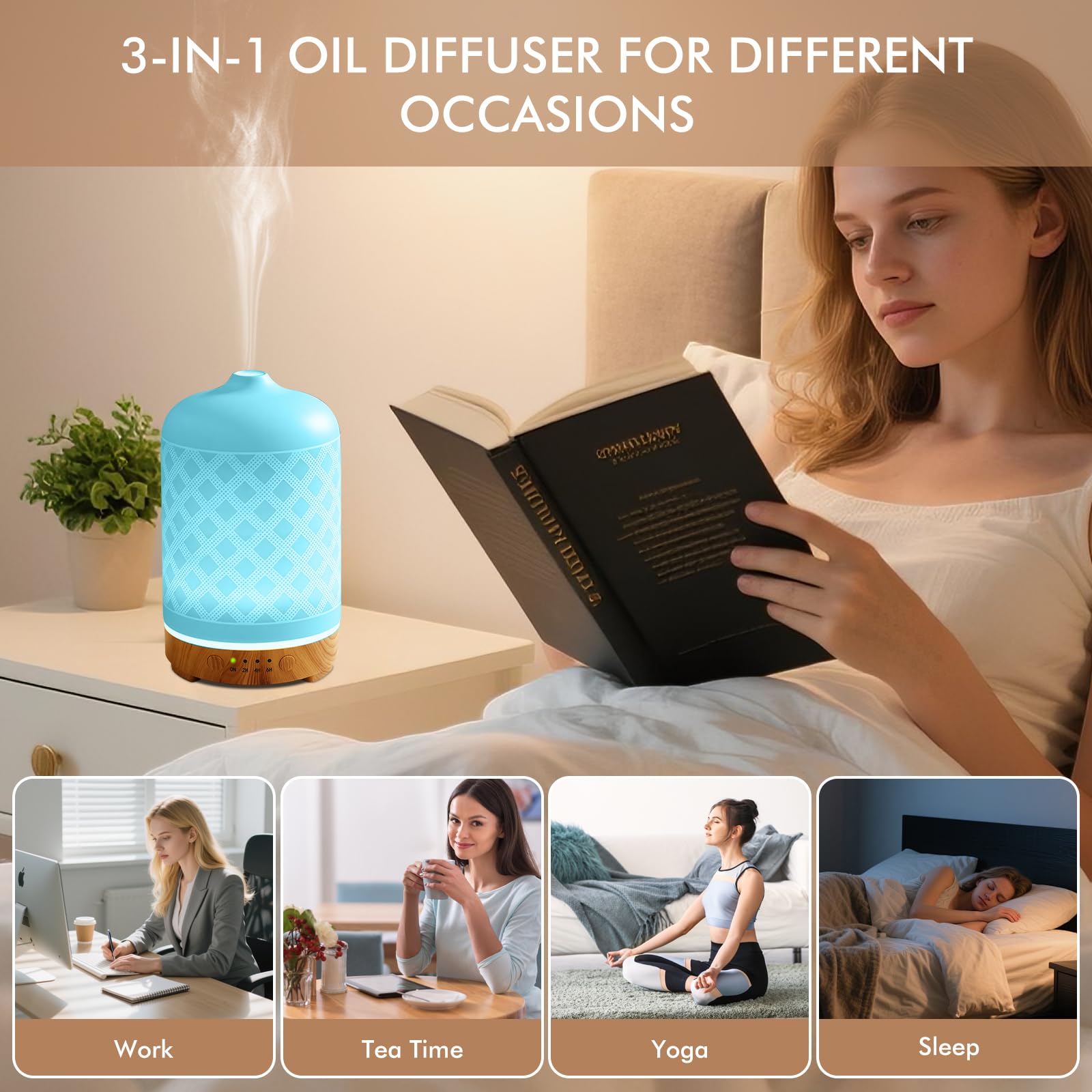 Essential Oil Diffuser 200ml-Ultrasonic Aroma Diffuser with 4 Timers, Aromatherapy Diffuser 7 Color LED Lights with Auto Shut-Off Protection for Home Office Yoga Valentine Gift (Ceramic White)