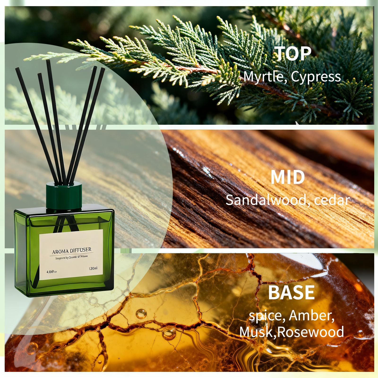 Reed Diffuser, 4 oz Earthy Sandalwood Scent Diffuser with 7 Sticks, Long Lasting Reed diffusers for Home, Elegant Fragrance for Bathroom Bedroom Office Decor, Air Fresh