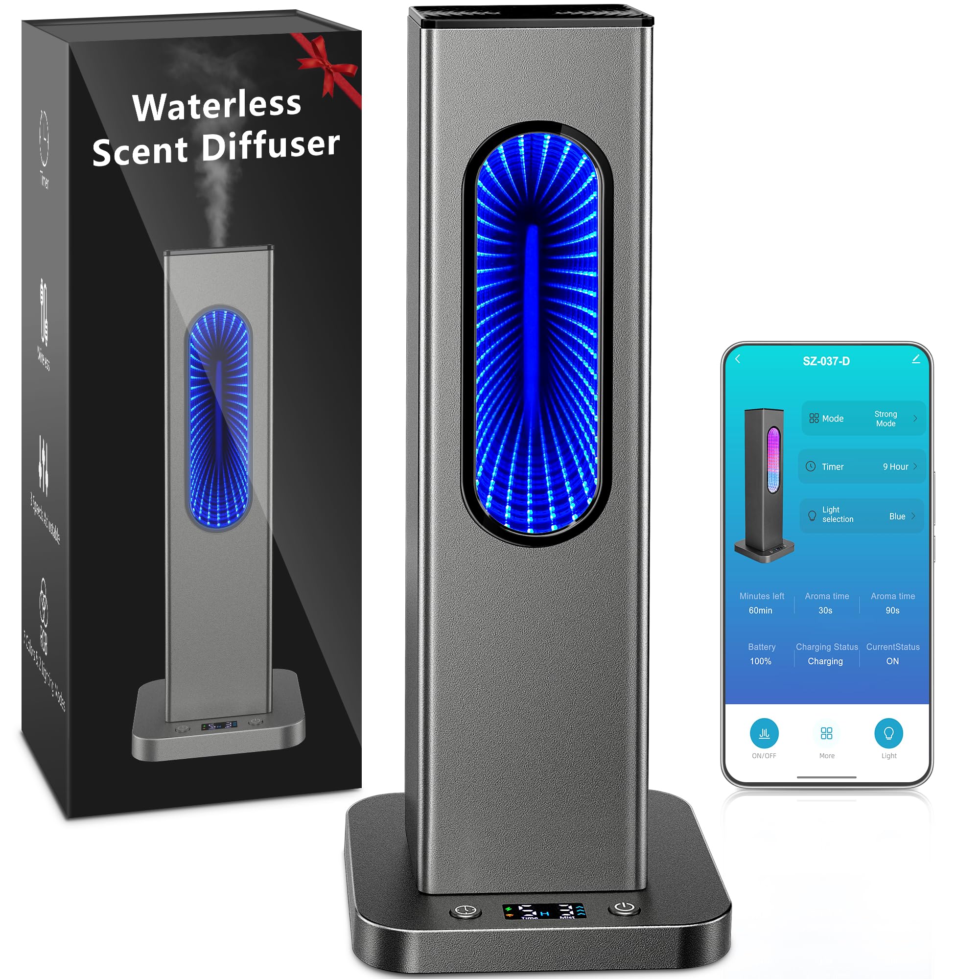 Waterless Essential Oil Diffuser, Rechargeable App Remote Control Scent Diffuser with LCD Screen, 1000 Sq Ft Coverage 3 Mist Levels Oil Diffuser with 7 LED Lights Timer for Hotel Home Office