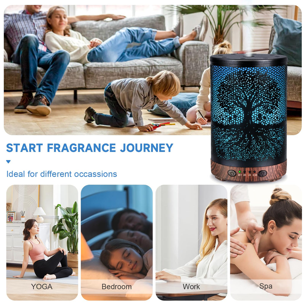 Essential Oil Diffuser 120ML Metal Aromatherapy Diffuser with Timer, Cool Mist Humidifier with Auto Shut-Off & 7 Color Lights for Home Office Spa (Tree)