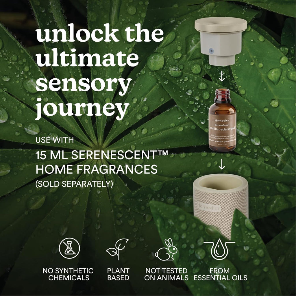 Homedics SereneScent Mini Fabric Rechargeable Waterless Diffuser, Cordless Aromatherapy Device, Use with SereneScent Oil 15ml (Sold Separately), Adjustable Mist Intensity & Ambient Light, Beige