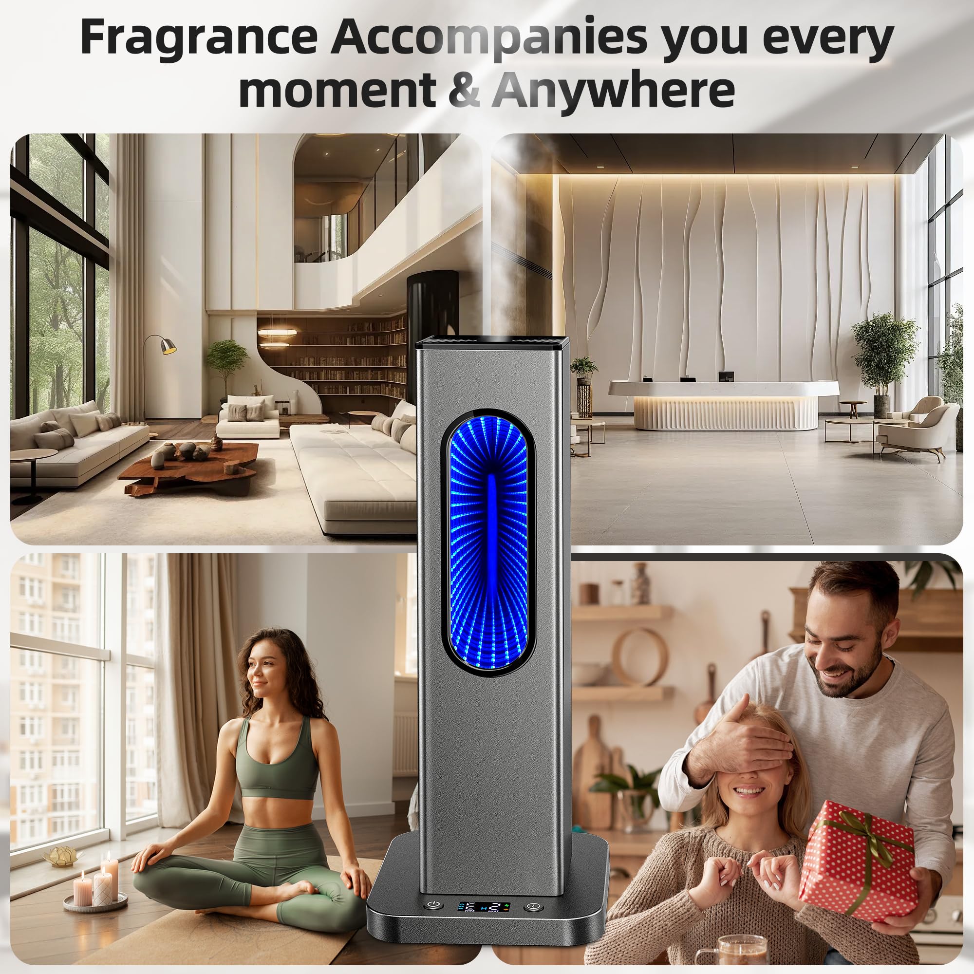 Waterless Essential Oil Diffuser, Rechargeable App Remote Control Scent Diffuser with LCD Screen, 1000 Sq Ft Coverage 3 Mist Levels Oil Diffuser with 7 LED Lights Timer for Hotel Home Office