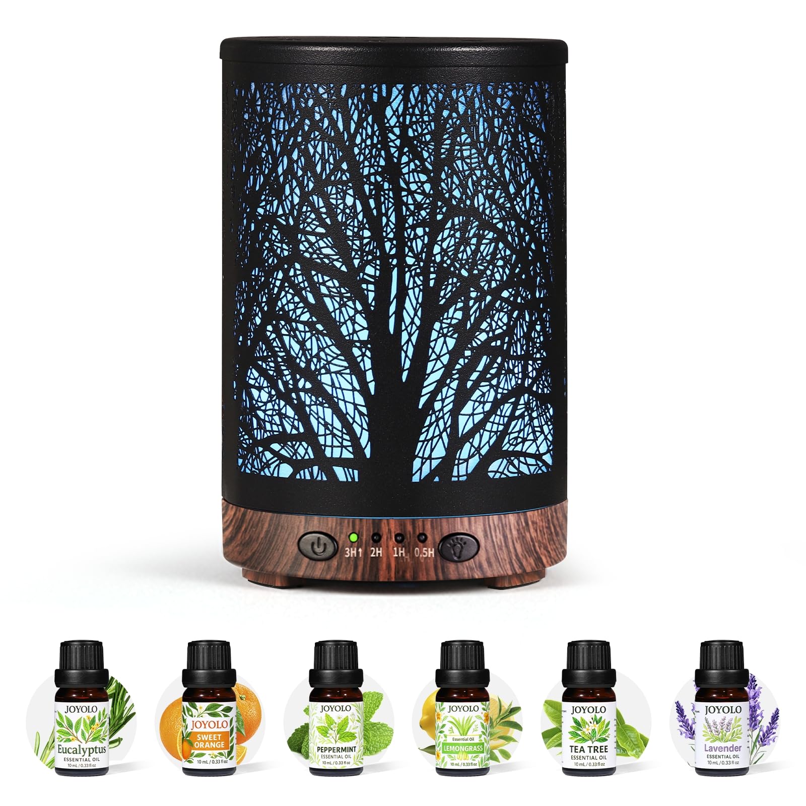Essential Oil Diffuser 120ML Metal Aromatherapy Diffuser with Timer, Cool Mist Humidifier with Auto Shut-Off & 7 Color Lights for Home Office Spa (Tree)