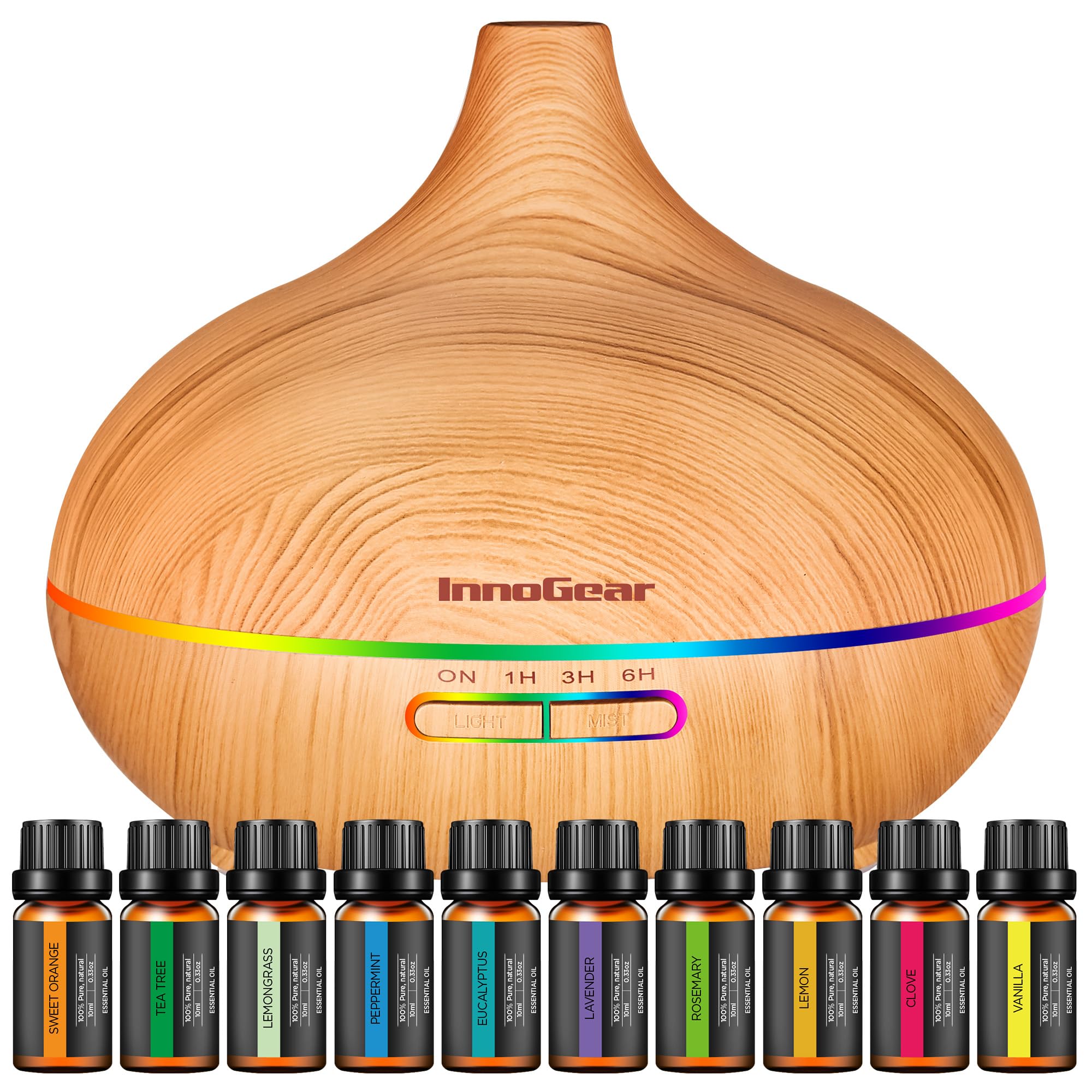 InnoGear Aromatherapy Diffuser & 10 Essential Oils Set, 400ml Diffuser Ultrasonic Diffuser Cool Mist Humidifier with 4 Timers 7 Colors Light Waterless Auto Off for Large Room Office, Dark Wood Grain