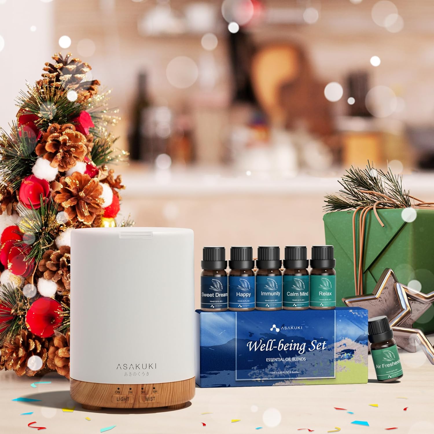 ASAKUKI 300ML Essential Oil Diffuser, Quiet 5-in-1 Premium Humidifier, Valentine's Day Gift, Home Fragrance Aroma Diffuser with 7 LED Color Changing Light and Auto-Off Switch -Light Brown