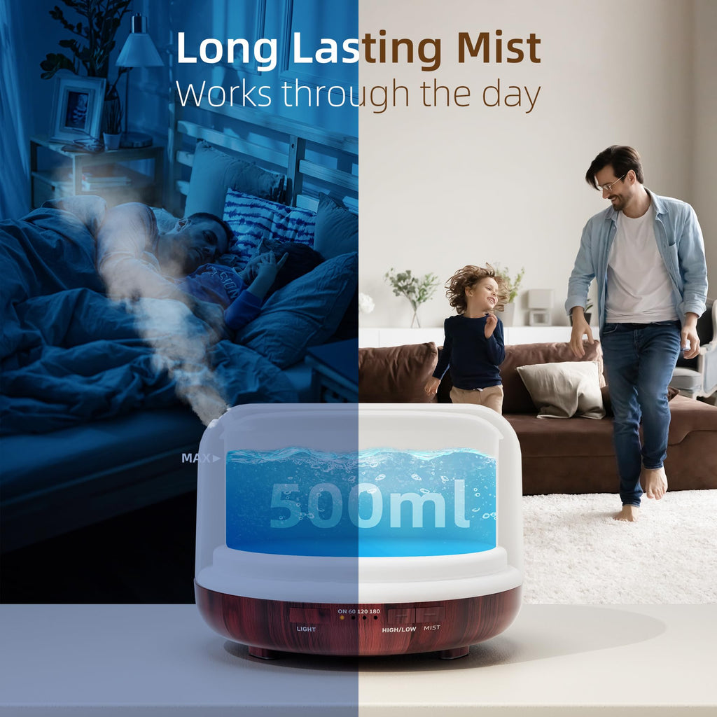 ASAKUKI Essential Oil Diffuser 500ml, Ultrasonic Aromatherapy Humidifier with Remote Control, 7 LED Colors, Timer & Auto-Off, Large Room Diffuser Valentine's Gift (Yellow)