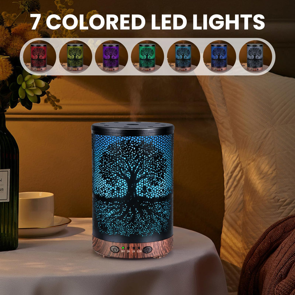 Essential Oil Diffuser 120ML Metal Aromatherapy Diffuser with Timer, Cool Mist Humidifier with Auto Shut-Off & 7 Color Lights for Home Office Spa (Tree)