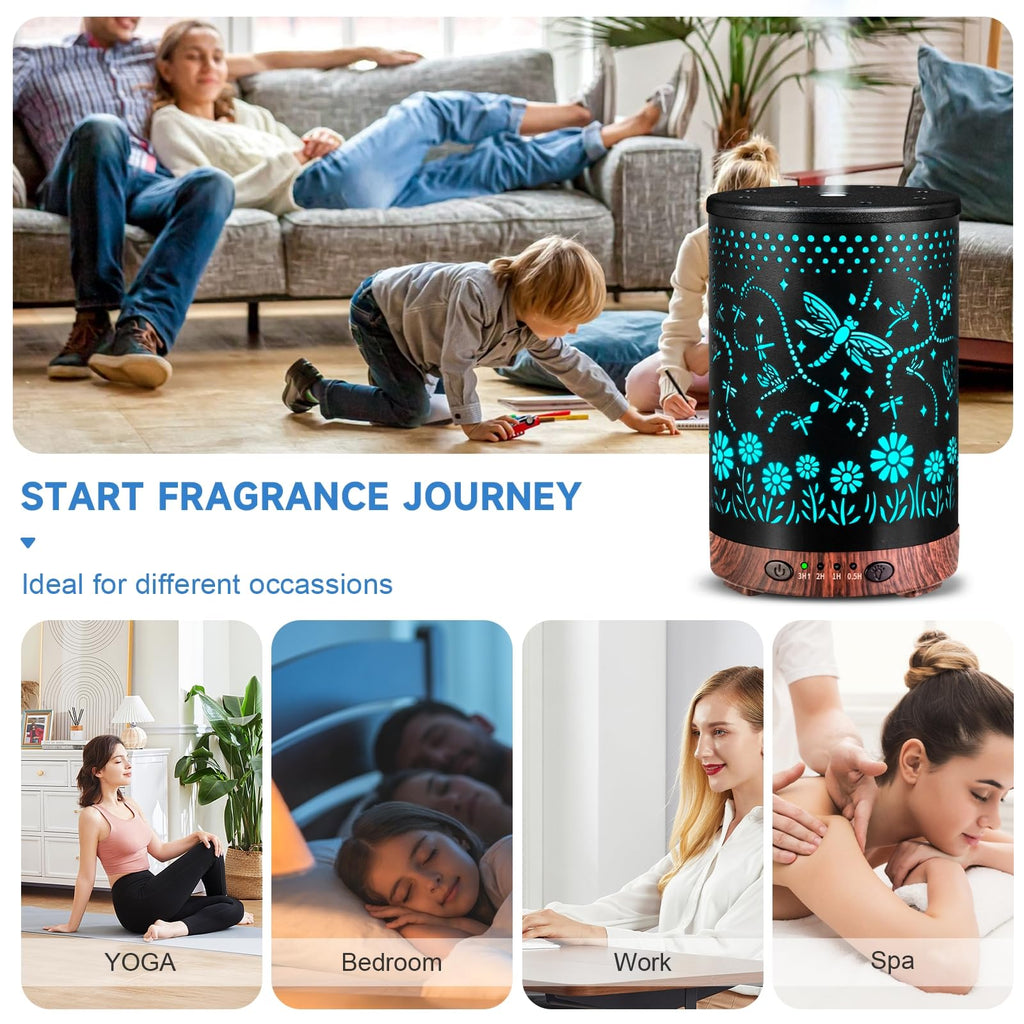 Essential Oil Diffuser 120ML Metal Aromatherapy Diffuser with Timer, Cool Mist Humidifier with Auto Shut-Off & 7 Color Lights for Home Office Spa (Tree)