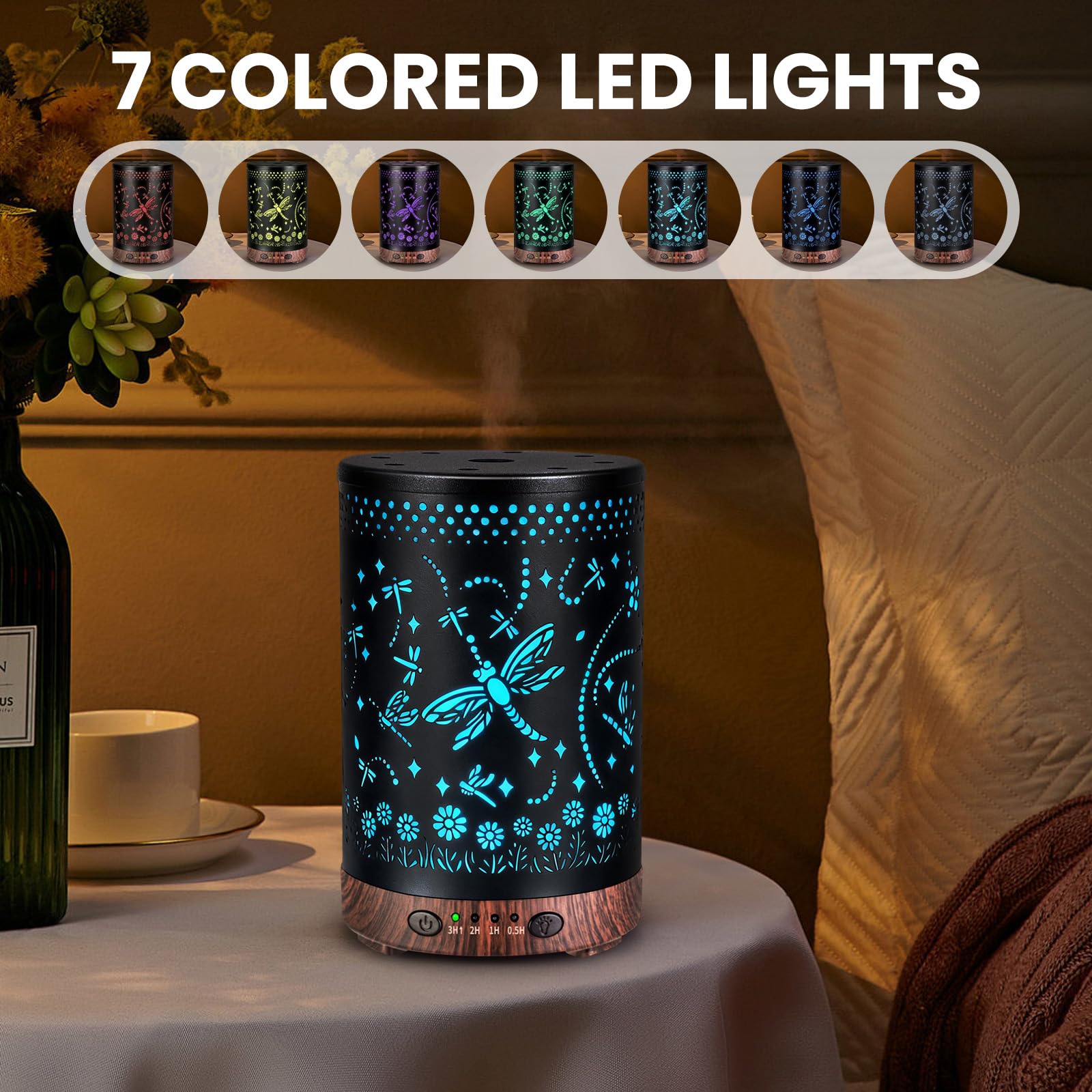 Essential Oil Diffuser 120ML Metal Aromatherapy Diffuser with Timer, Cool Mist Humidifier with Auto Shut-Off & 7 Color Lights for Home Office Spa (Tree)