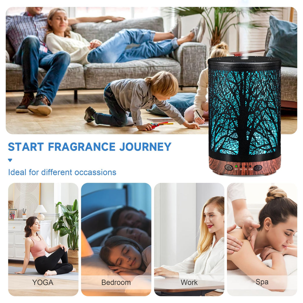 Essential Oil Diffuser 120ML Metal Aromatherapy Diffuser with Timer, Cool Mist Humidifier with Auto Shut-Off & 7 Color Lights for Home Office Spa (Tree)