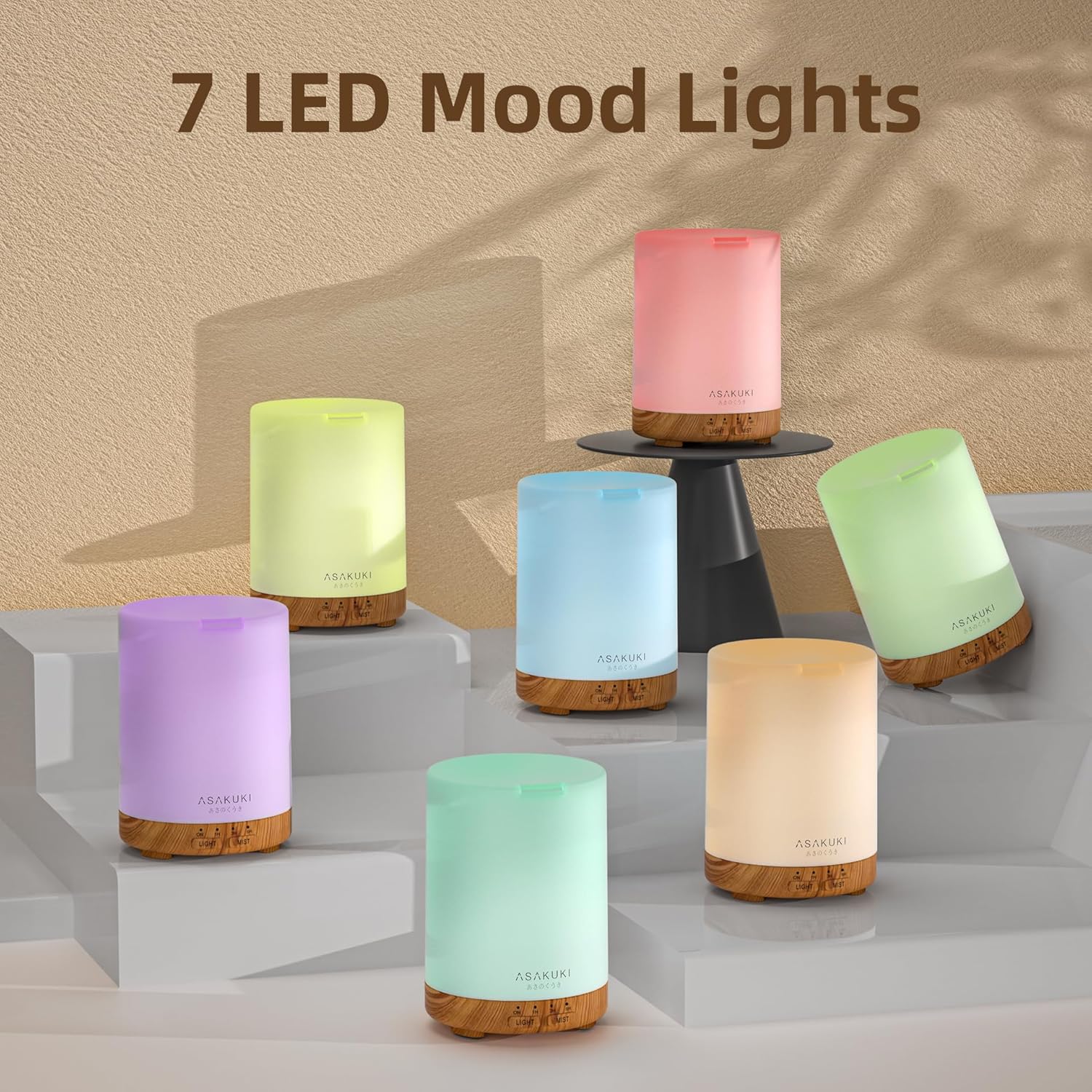 ASAKUKI 300ML Essential Oil Diffuser, Quiet 5-in-1 Premium Humidifier, Valentine's Day Gift, Home Fragrance Aroma Diffuser with 7 LED Color Changing Light and Auto-Off Switch -Light Brown
