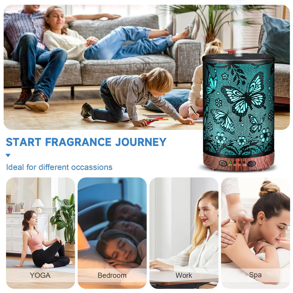 Essential Oil Diffuser 120ML Metal Aromatherapy Diffuser with Timer, Cool Mist Humidifier with Auto Shut-Off & 7 Color Lights for Home Office Spa (Tree)
