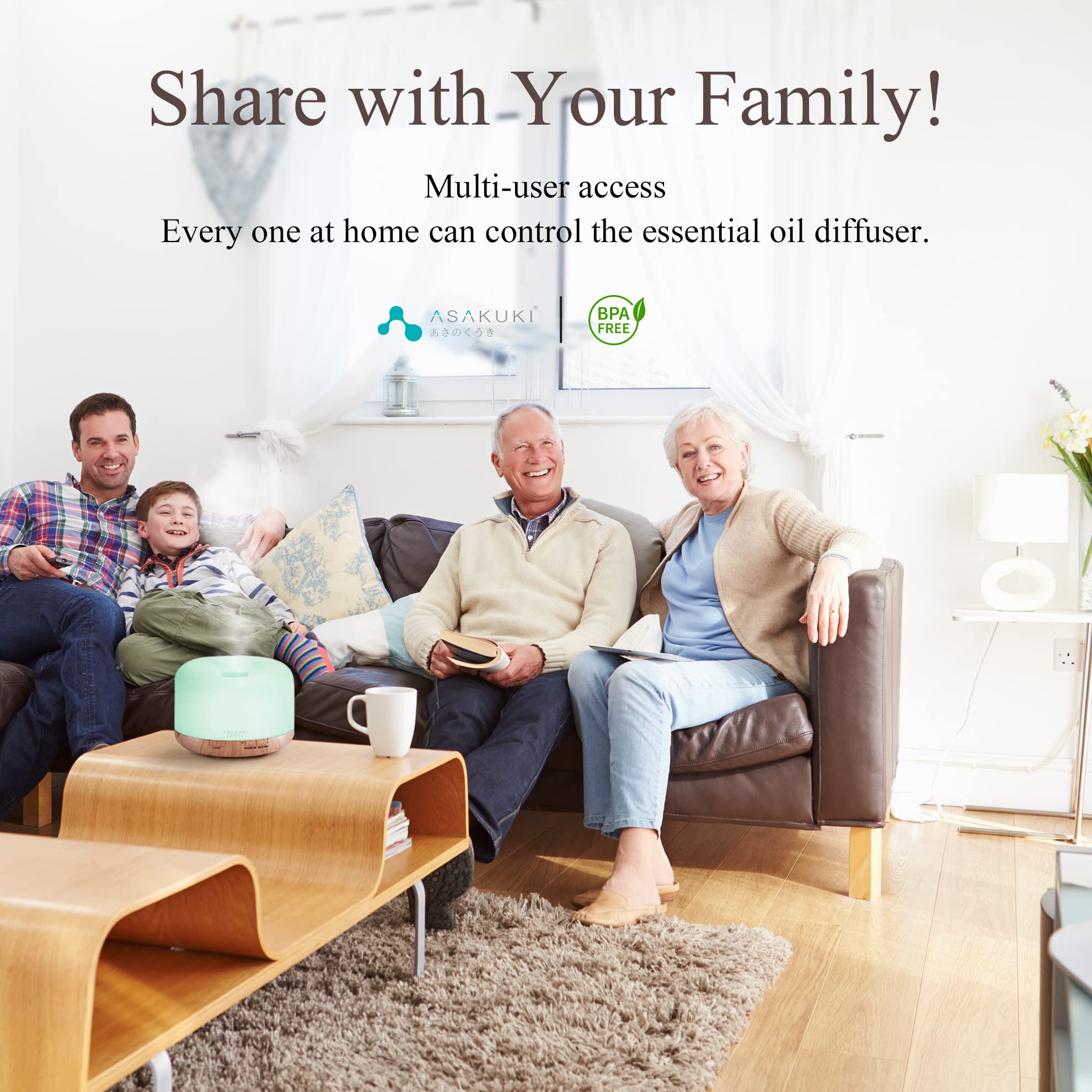 ASAKUKI Essential Oil Diffuser 500ml, Ultrasonic Aromatherapy Humidifier with Remote Control, 7 LED Colors, Timer & Auto-Off, Large Room Diffuser Valentine's Gift (Yellow)