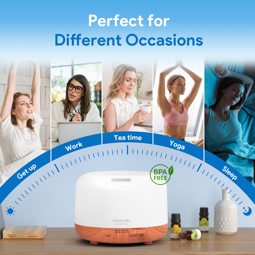 ASAKUKI Essential Oil Diffuser 500ml, Ultrasonic Aromatherapy Humidifier with Remote Control, 7 LED Colors, Timer & Auto-Off, Large Room Diffuser Valentine's Gift (Yellow)