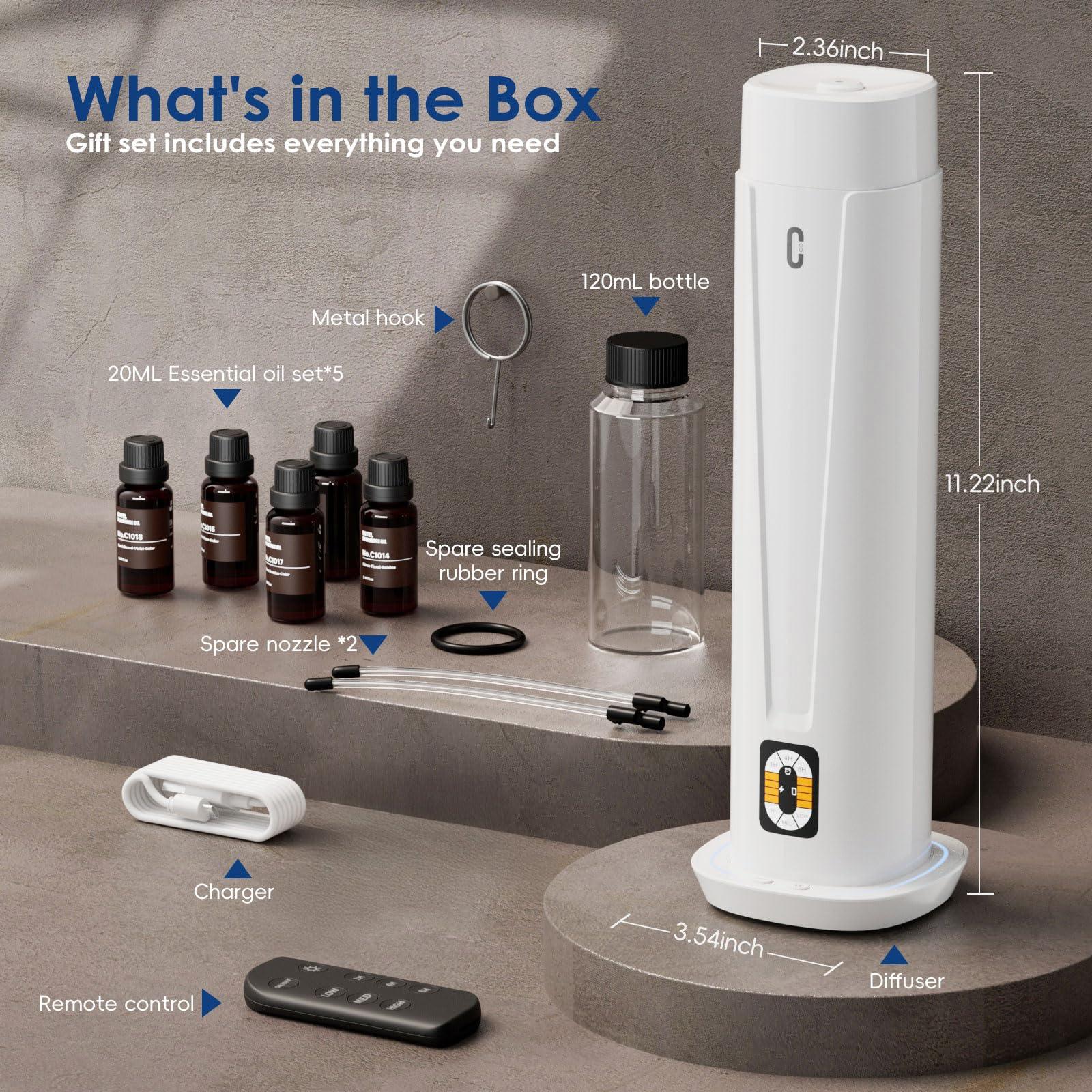 Waterless Scent Diffuser – 1200 Sq Ft Coverage, Essential Oil Diffuser with Remote Control, Quiet Aromatherapy Diffuser with LED Light & Timer, Scent Air Machine for Home, Office, Hotel