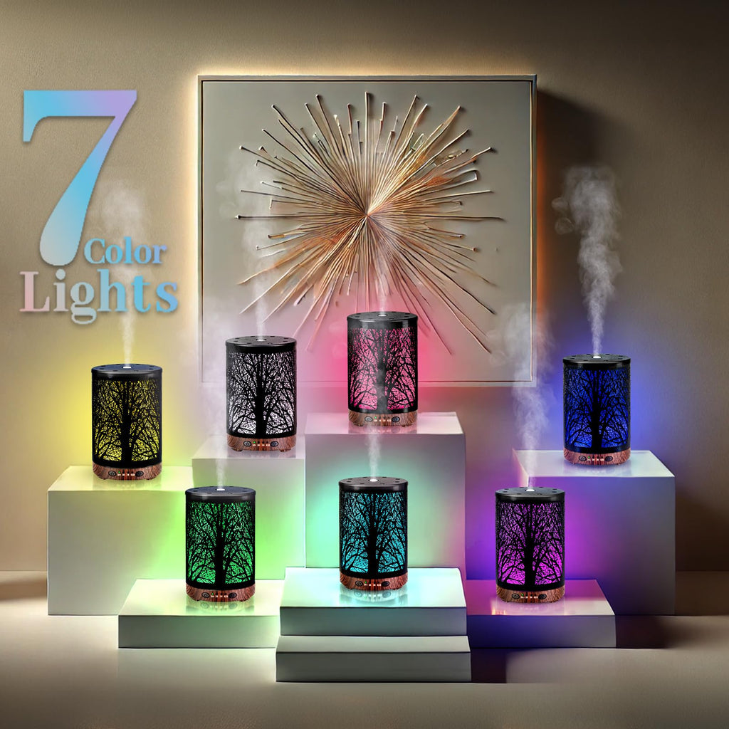 Essential Oil Diffuser 120ML Metal Aromatherapy Diffuser with Timer, Cool Mist Humidifier with Auto Shut-Off & 7 Color Lights for Home Office Spa (Tree)