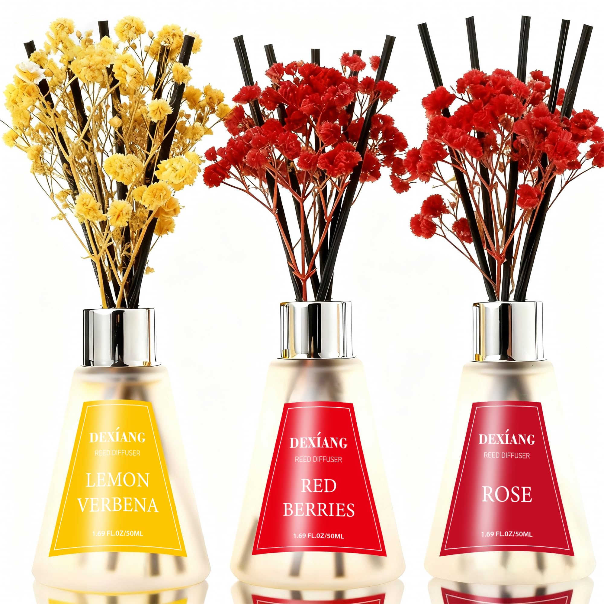 Reed Diffuser Set of 3 Packs, Lemon Verbena/Rose/red Berry, Oil Diffuser Reed Diffuser for for Home, Bathroom, Office Decor 1.7 Fl.oz, Total 5.1Oz