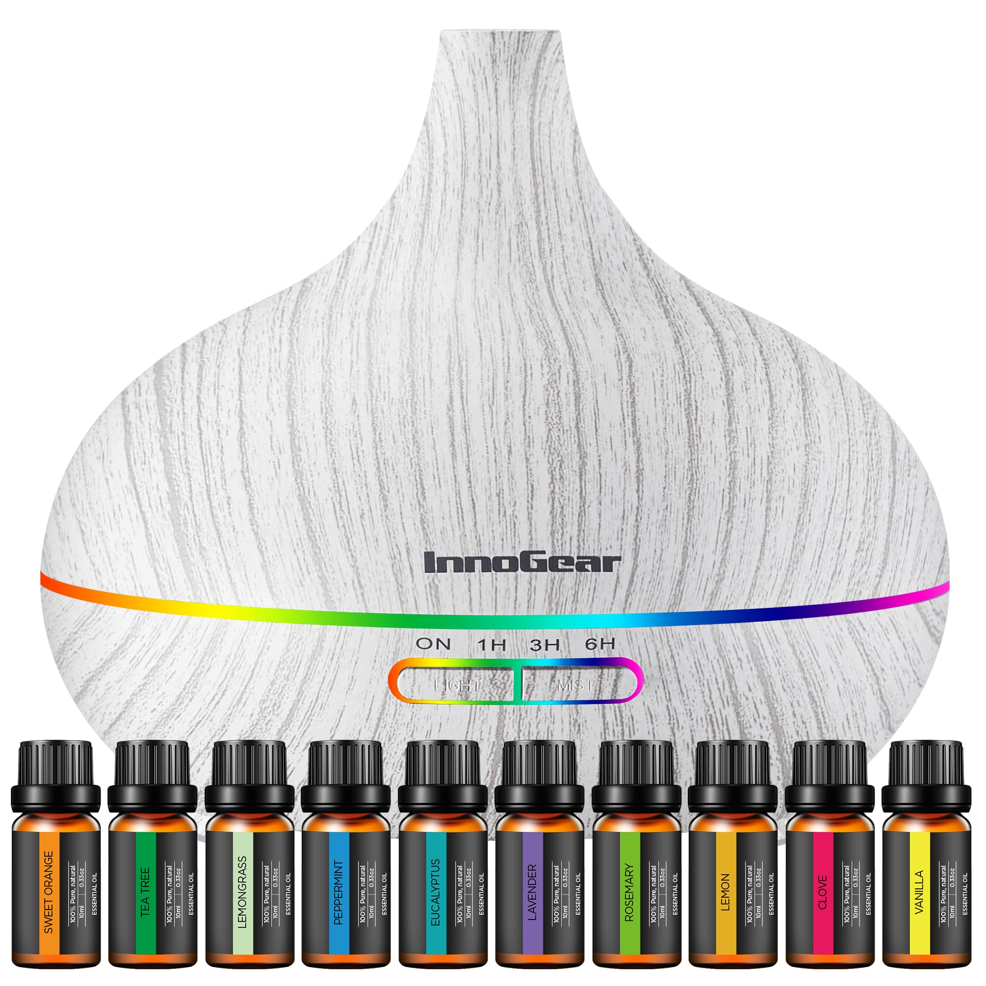 InnoGear Aromatherapy Diffuser & 10 Essential Oils Set, 400ml Diffuser Ultrasonic Diffuser Cool Mist Humidifier with 4 Timers 7 Colors Light Waterless Auto Off for Large Room Office, Dark Wood Grain