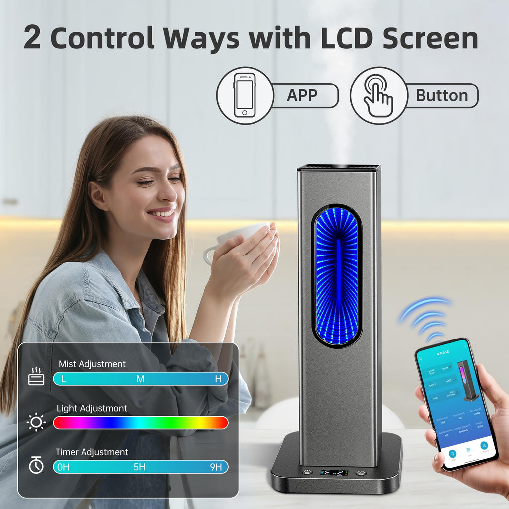 Waterless Essential Oil Diffuser, Rechargeable App Remote Control Scent Diffuser with LCD Screen, 1000 Sq Ft Coverage 3 Mist Levels Oil Diffuser with 7 LED Lights Timer for Hotel Home Office