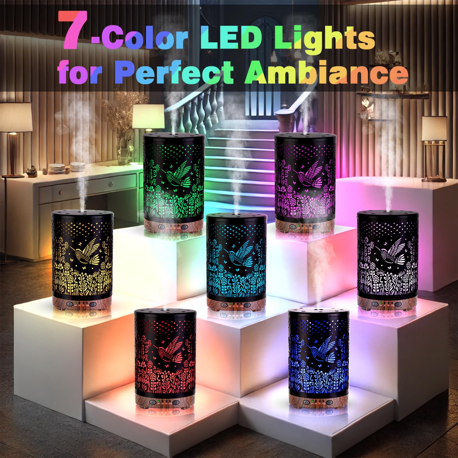 Essential Oil Diffuser 120ML Metal Aromatherapy Diffuser with Timer, Cool Mist Humidifier with Auto Shut-Off & 7 Color Lights for Home Office Spa (Tree)