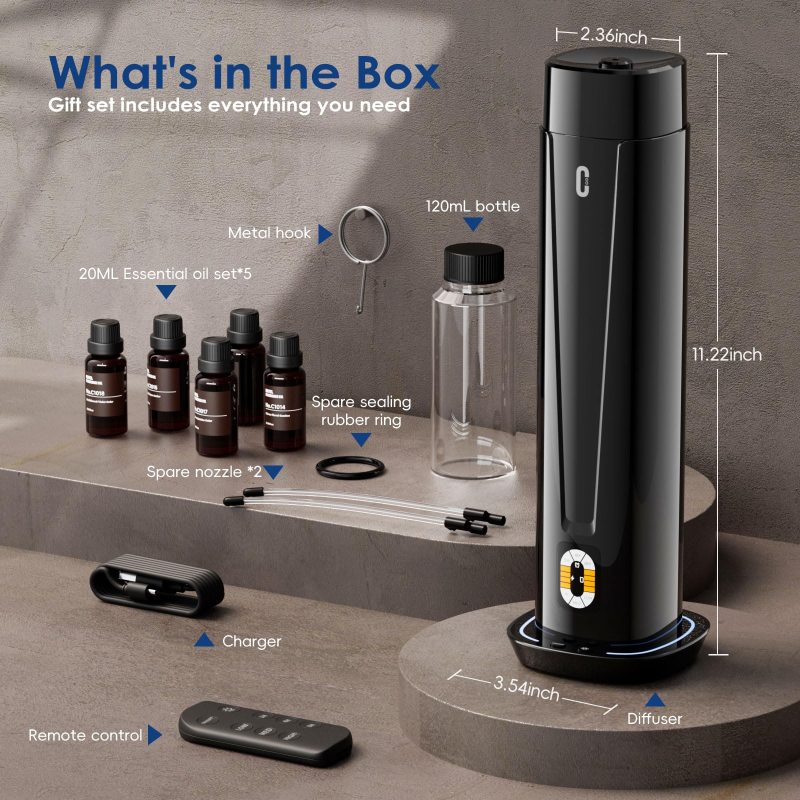 Waterless Scent Diffuser – 1200 Sq Ft Coverage, Essential Oil Diffuser with Remote Control, Quiet Aromatherapy Diffuser with LED Light & Timer, Scent Air Machine for Home, Office, Hotel