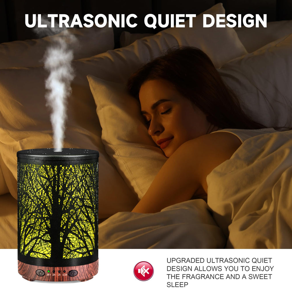 Essential Oil Diffuser 120ML Metal Aromatherapy Diffuser with Timer, Cool Mist Humidifier with Auto Shut-Off & 7 Color Lights for Home Office Spa (Tree)