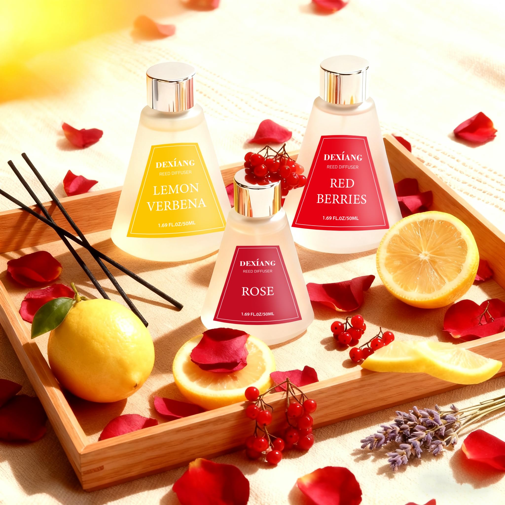 Reed Diffuser Set of 3 Packs, Lemon Verbena/Rose/red Berry, Oil Diffuser Reed Diffuser for for Home, Bathroom, Office Decor 1.7 Fl.oz, Total 5.1Oz