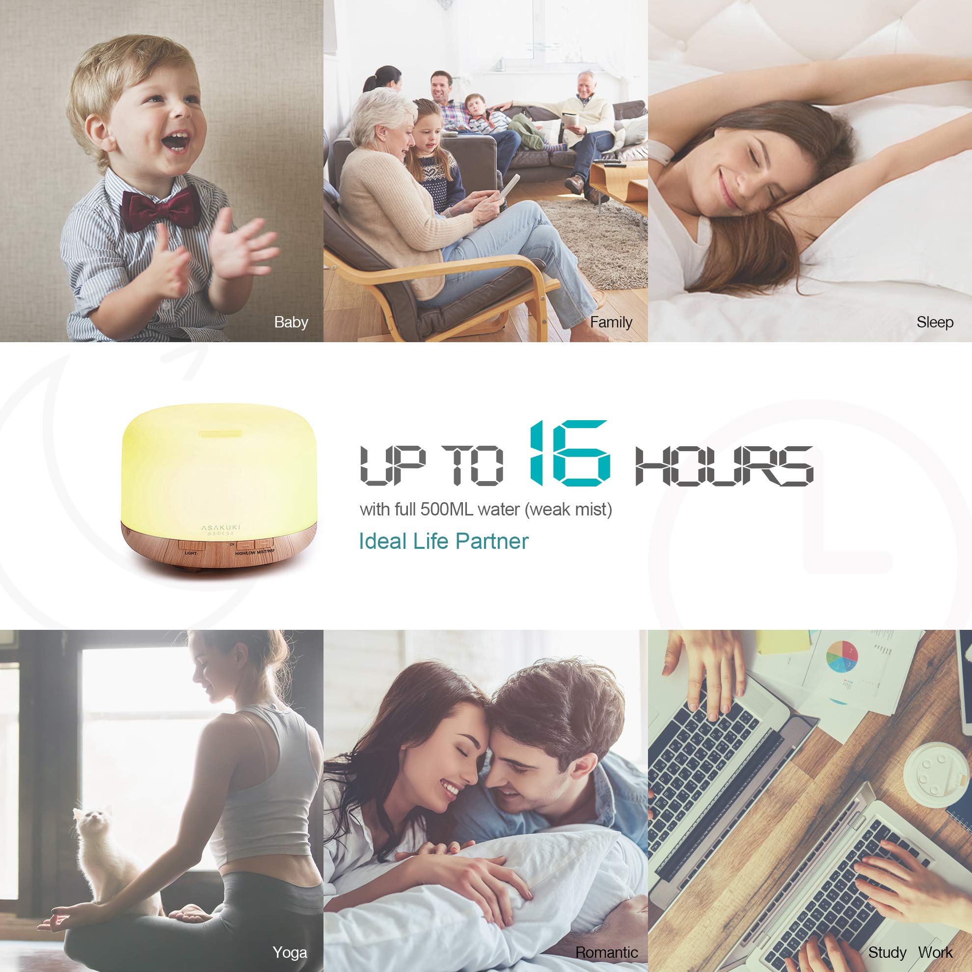 ASAKUKI Essential Oil Diffuser 500ml, Ultrasonic Aromatherapy Humidifier with Remote Control, 7 LED Colors, Timer & Auto-Off, Large Room Diffuser Valentine's Gift (Yellow)