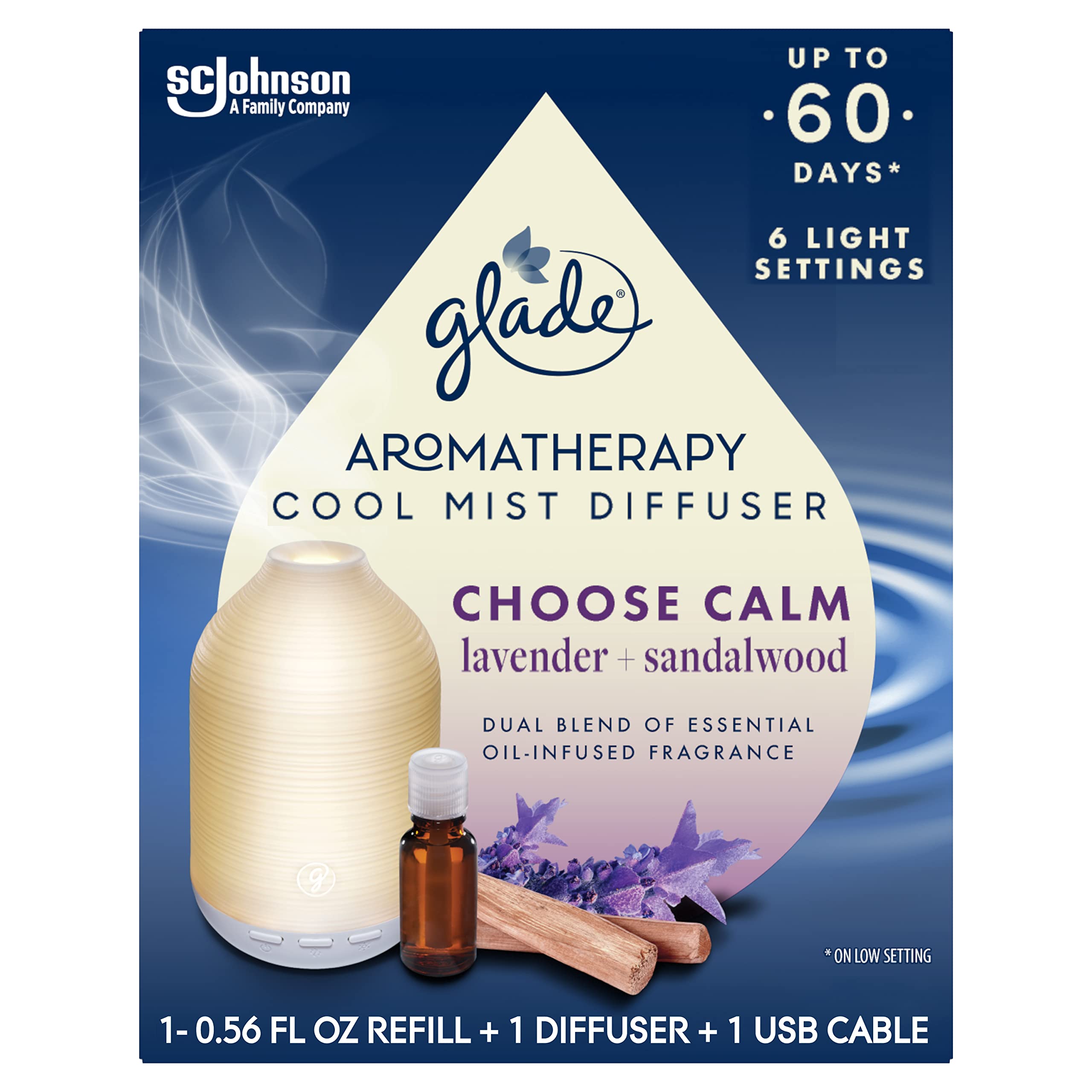 Glade Aromatherapy Diffuser & Essential Oil, Air Freshener for Home, Choose Calm Scent with Notes of Lavender & Sandalwood, 0.56 Fl Oz